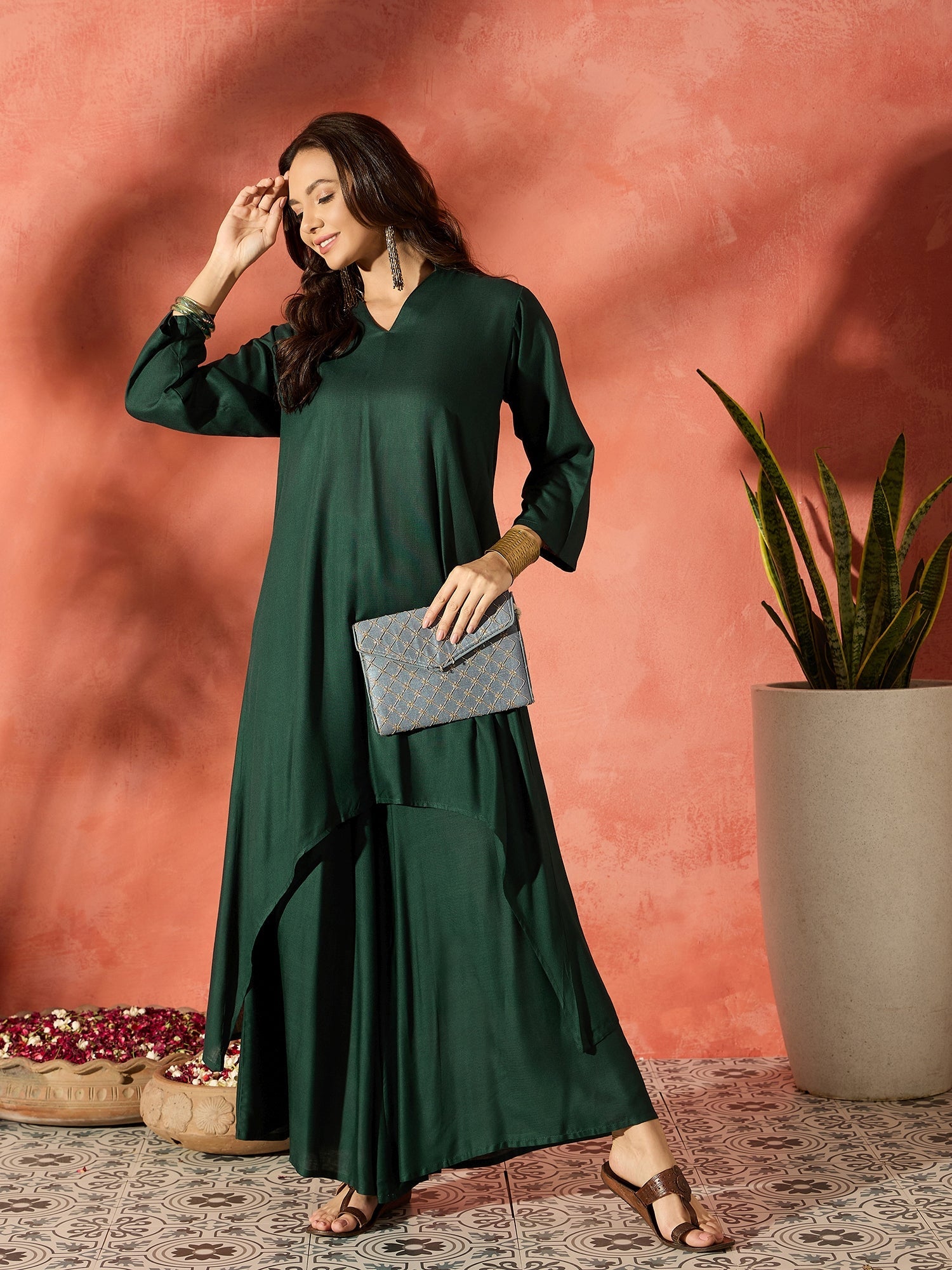 InWeave Dark Green Mandarin Neck High Low Kurta Set - Distacart