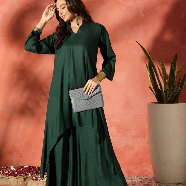 InWeave Dark Green Mandarin Neck High Low Kurta Set - Distacart