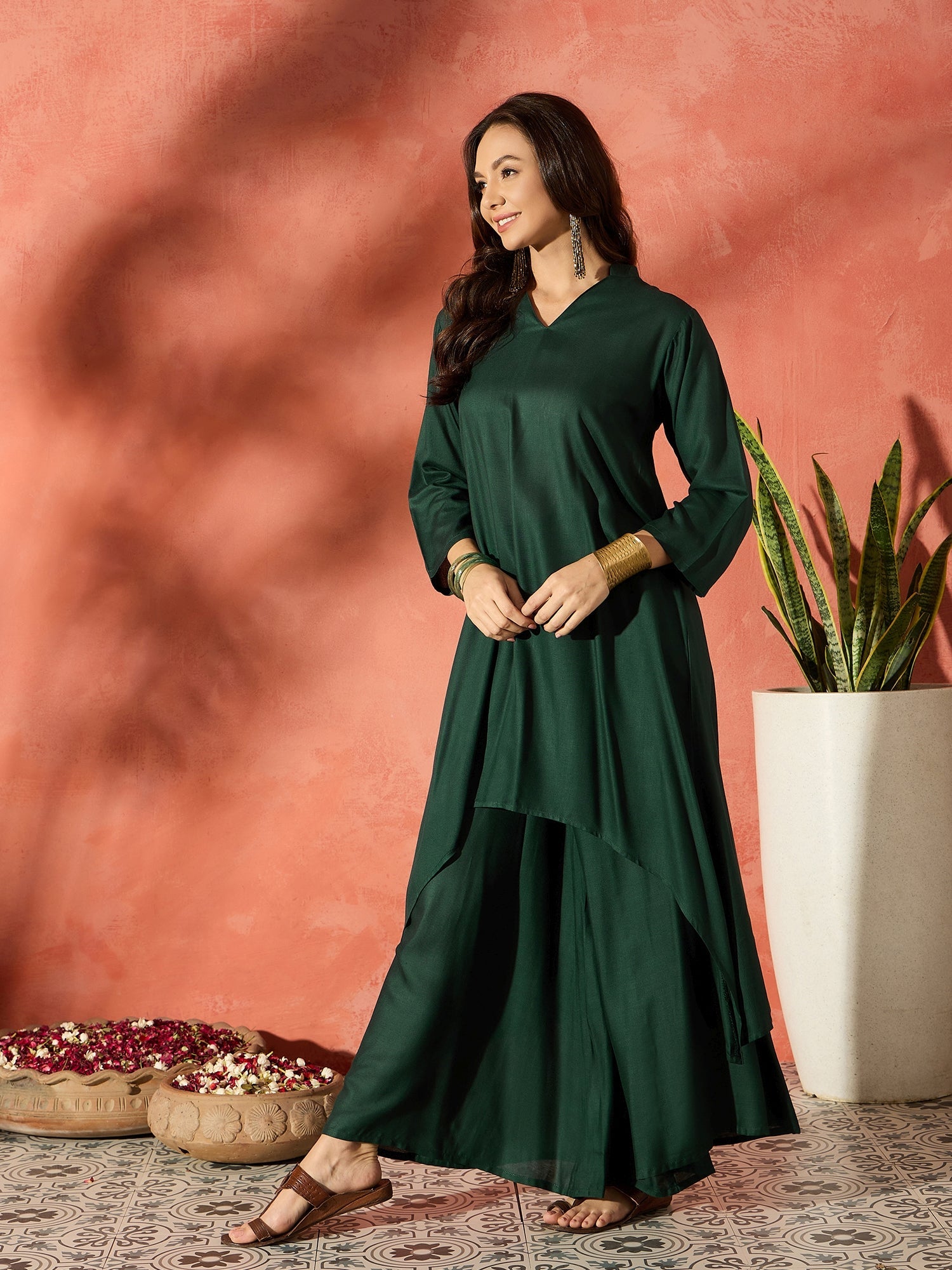 InWeave Dark Green Mandarin Neck High Low Kurta Set - Distacart