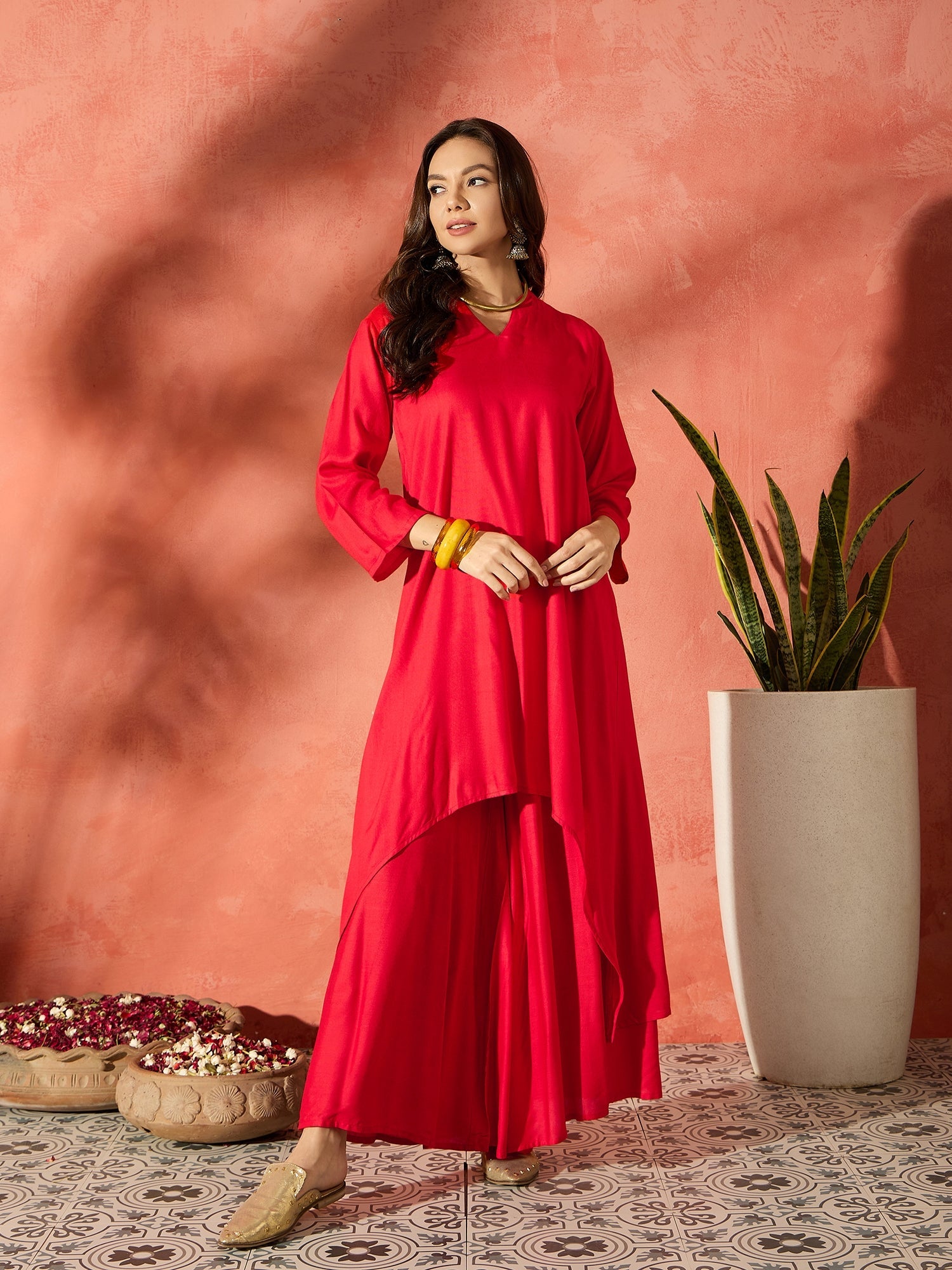 InWeave Red Mandarin Neck High Low Kurta Set - Distacart