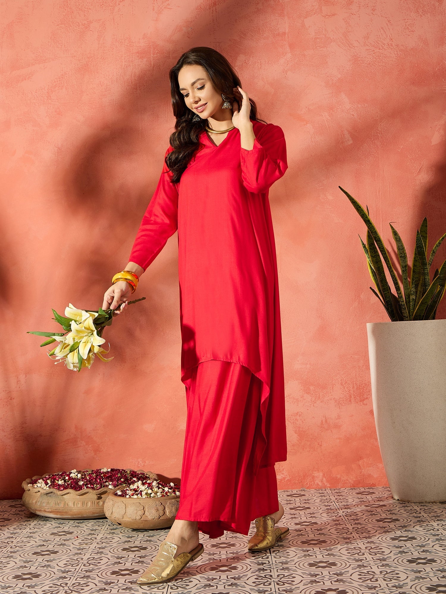 InWeave Red Mandarin Neck High Low Kurta Set - Distacart