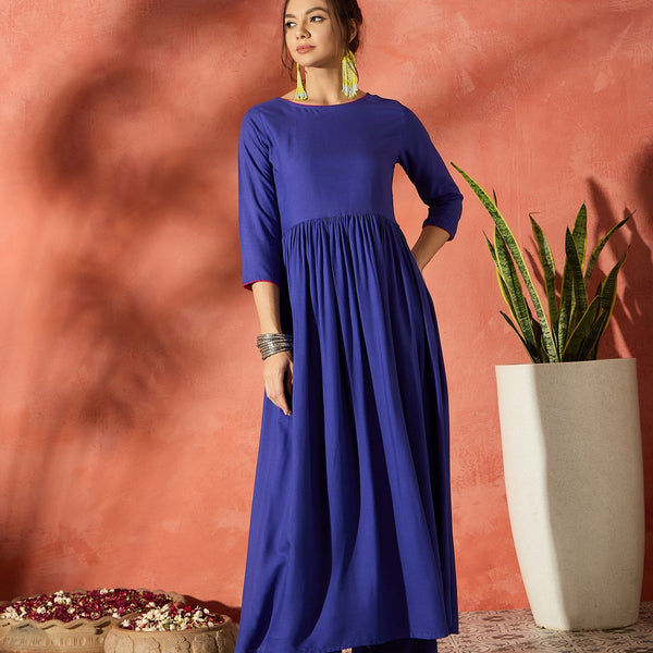 InWeave Ink Blue Long Anarkali Kurta Pant Set - Distacart