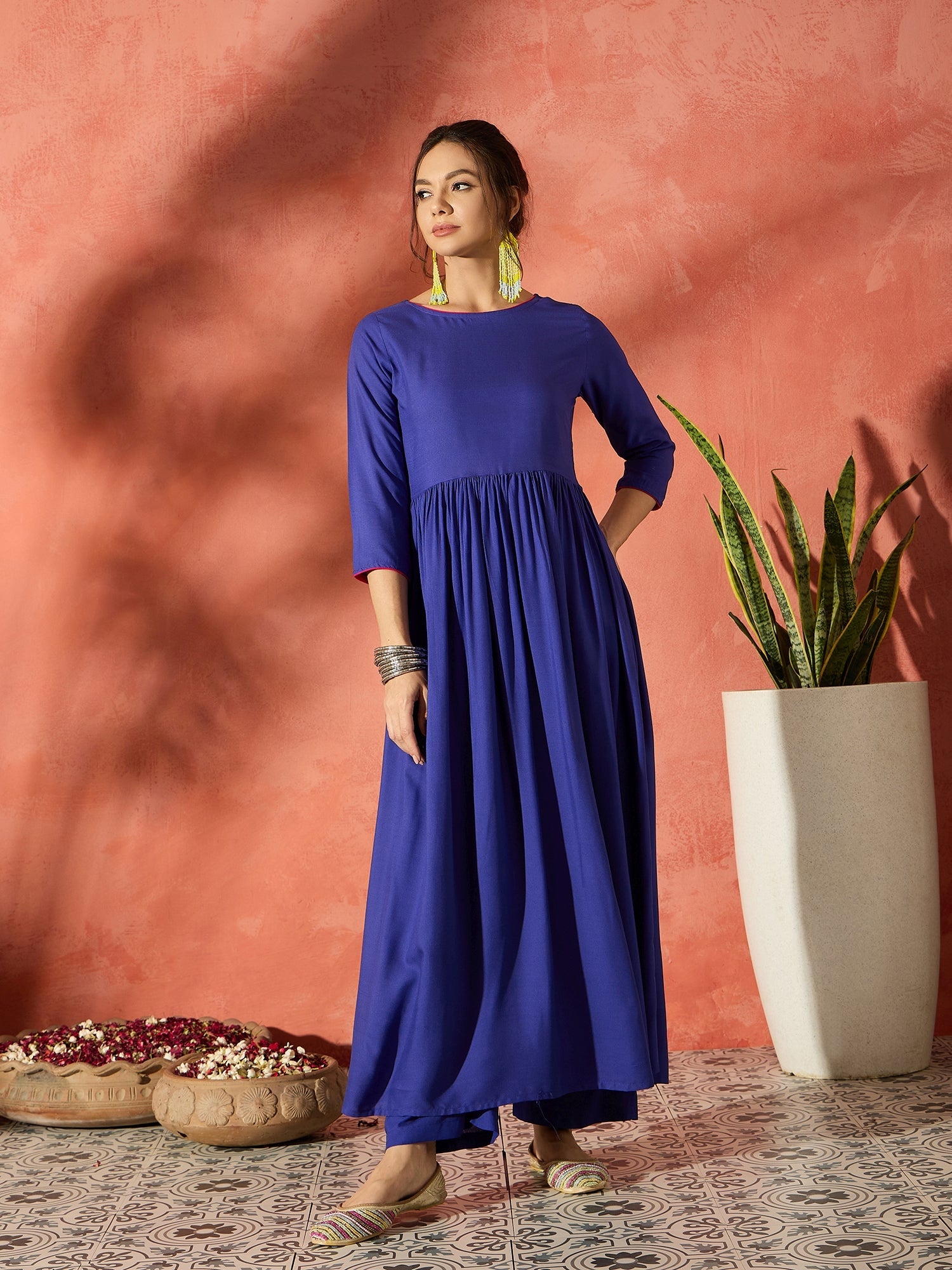 InWeave Ink Blue Long Anarkali Kurta Pant Set - Distacart