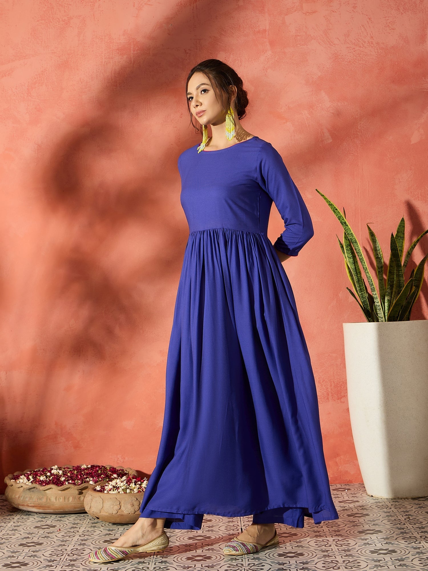 InWeave Ink Blue Long Anarkali Kurta Pant Set - Distacart