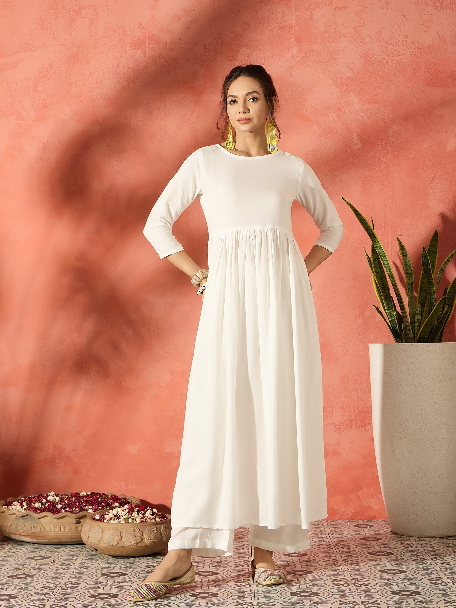 InWeave White Long Anarkali Kurta Pant Set - Distacart