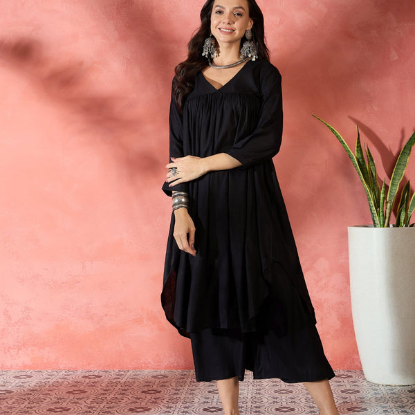 InWeave Black V-Neck Flared Kurta Short Palazzo Set - Distacart