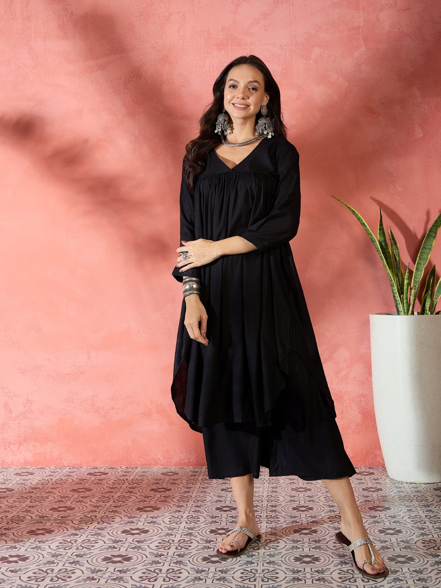 InWeave Black V-Neck Flared Kurta Short Palazzo Set - Distacart
