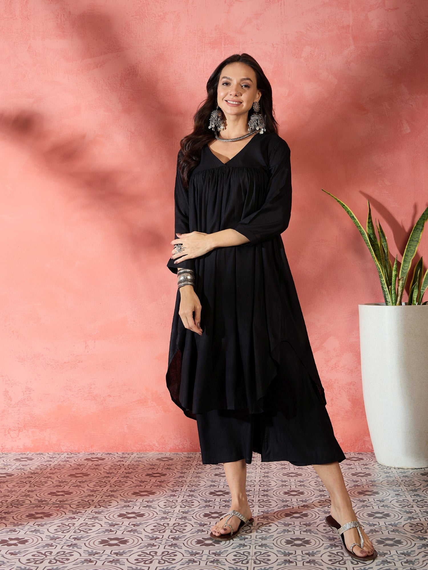 InWeave Black V-Neck Flared Kurta Short Palazzo Set - Distacart