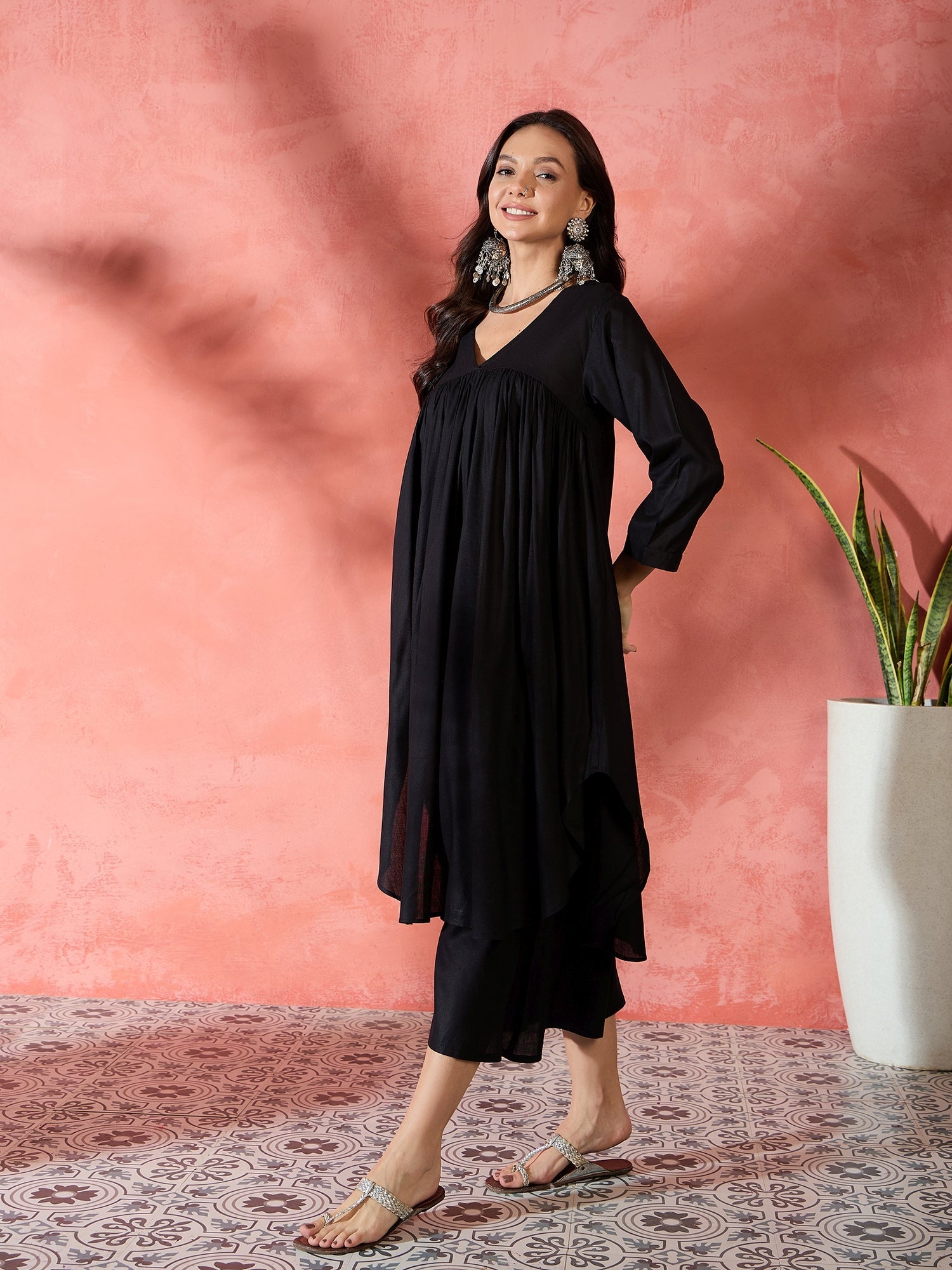 InWeave Black V-Neck Flared Kurta Short Palazzo Set - Distacart