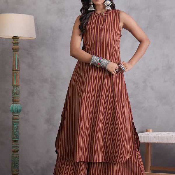 InWeave Maroon Orange Striped Kurta Set - Distacart