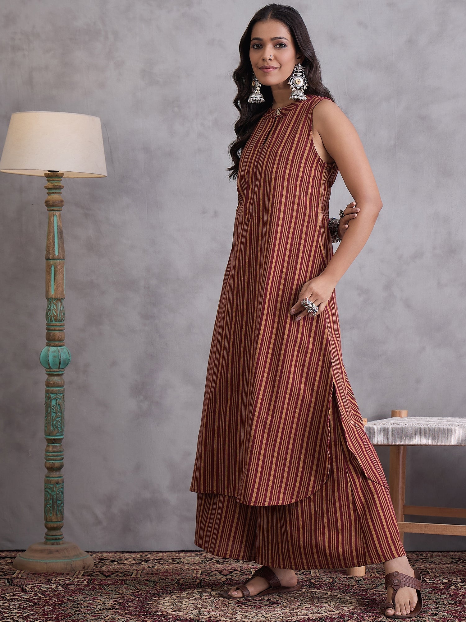 InWeave Maroon Orange Striped Kurta Set - Distacart