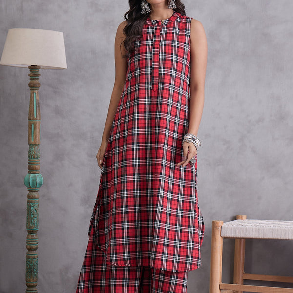 InWeave Red Black Check Kurta Set - Distacart