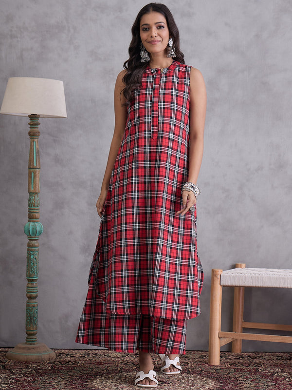 InWeave Red Black Check Kurta Set