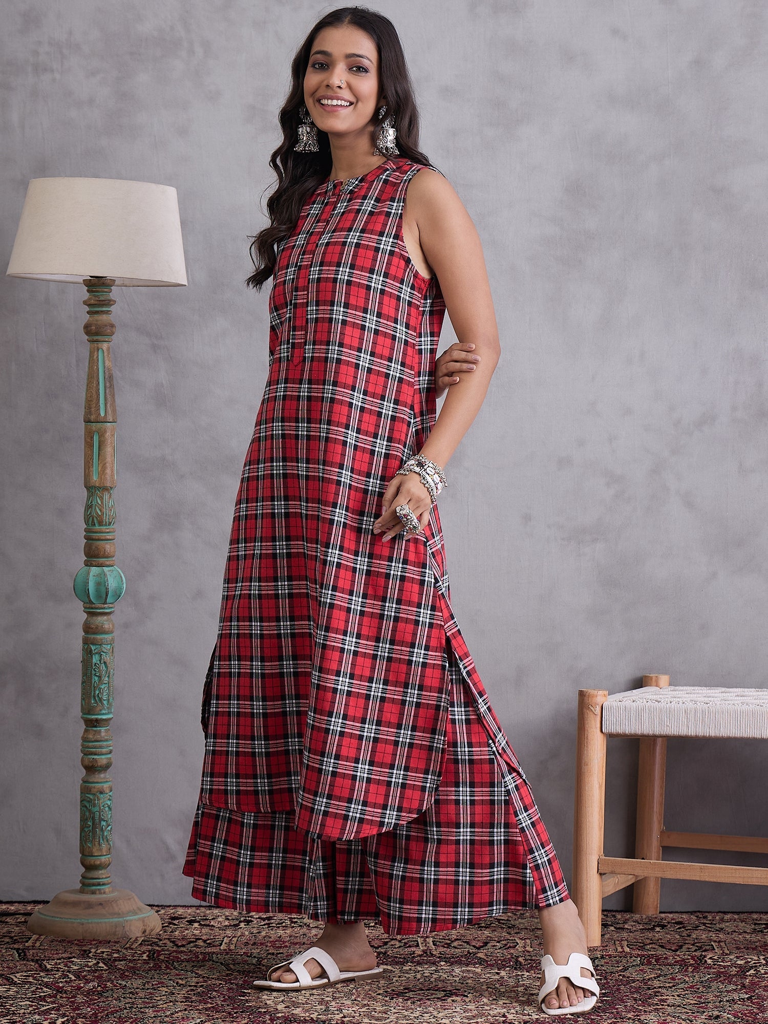 InWeave Red Black Check Kurta Set - Distacart