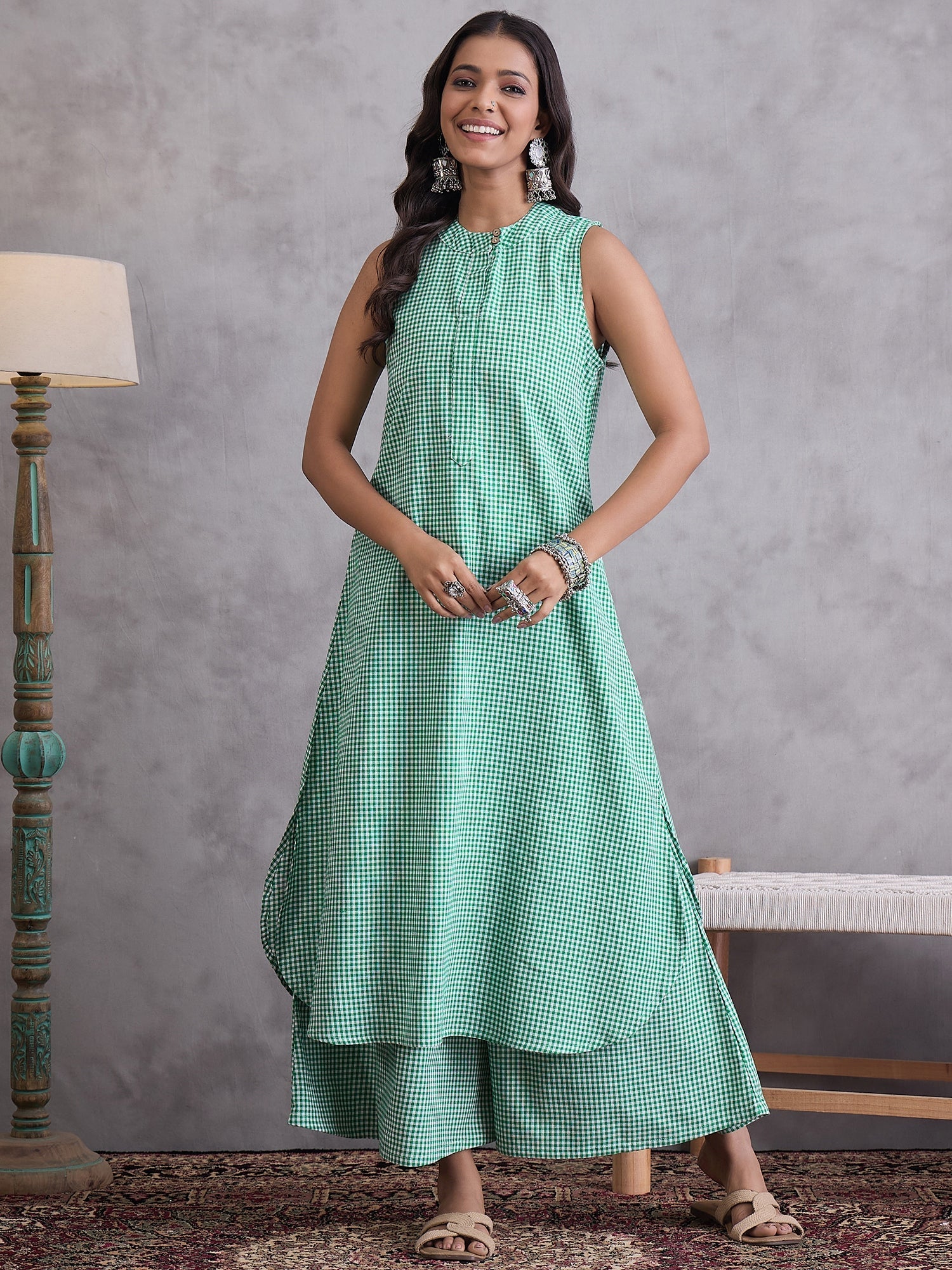 InWeave Green Small Check Kurta Set