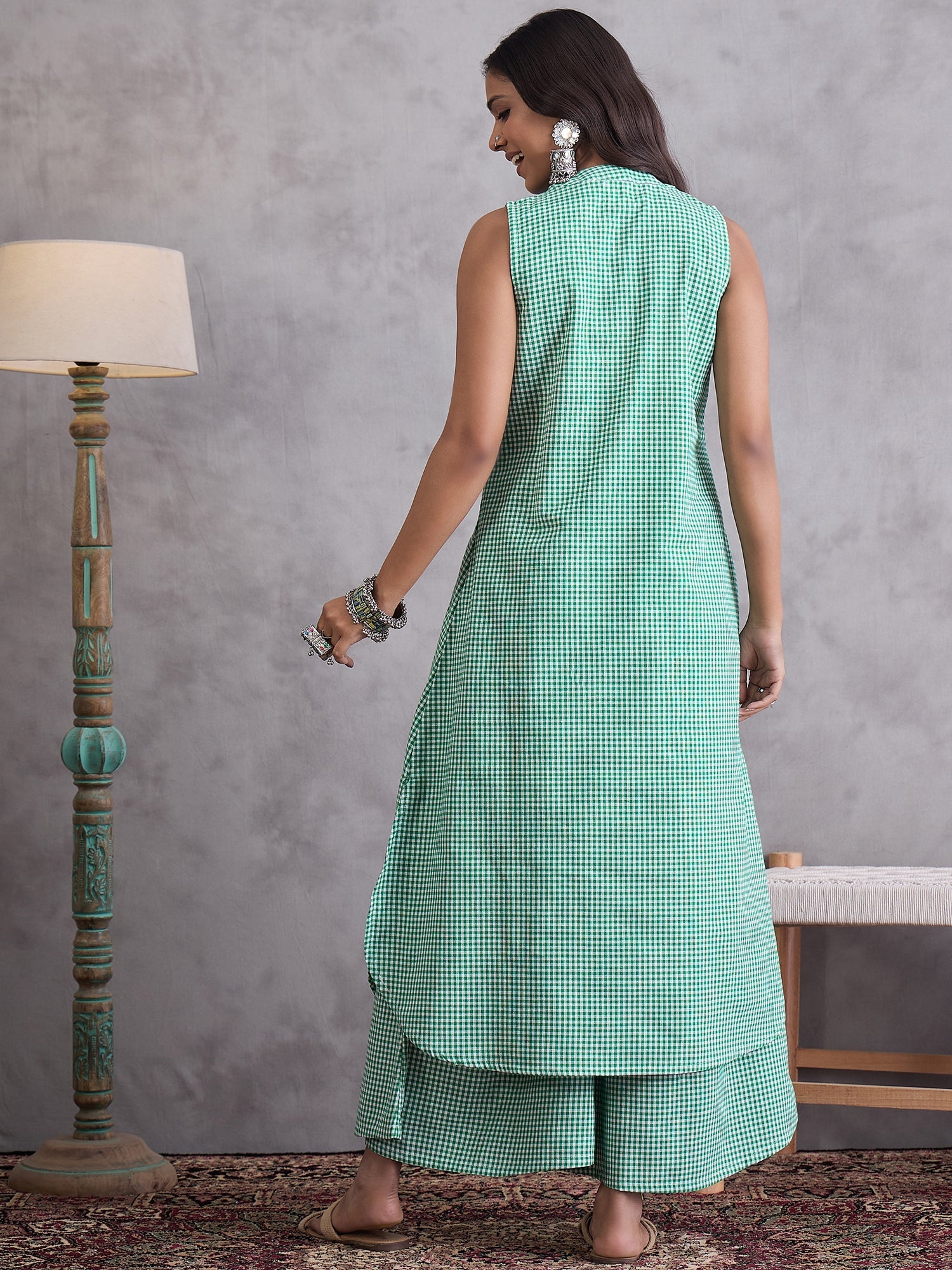 InWeave Green Small Check Kurta Set - Distacart