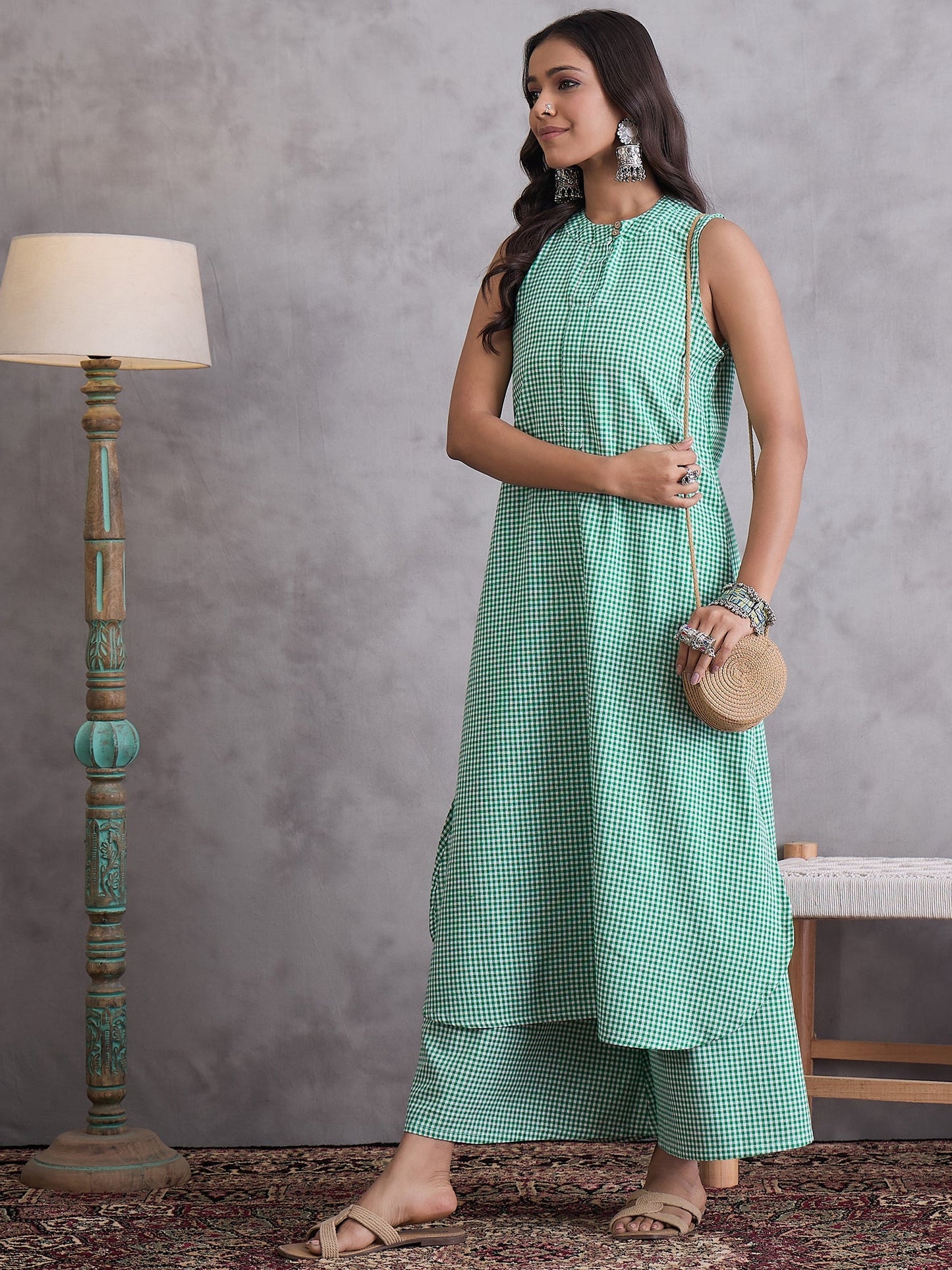 InWeave Green Small Check Kurta Set - Distacart