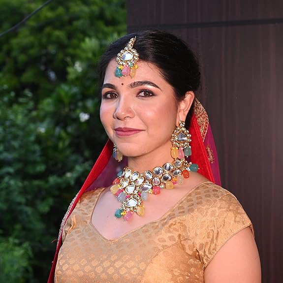 Tehzeeb Creations Back Meenakari Gold-Polished Multicolor Color Tika Earring Jewellery Set Uncut Big Faux Kundan Dibbi Kundan Choker Necklace Set - Distacart