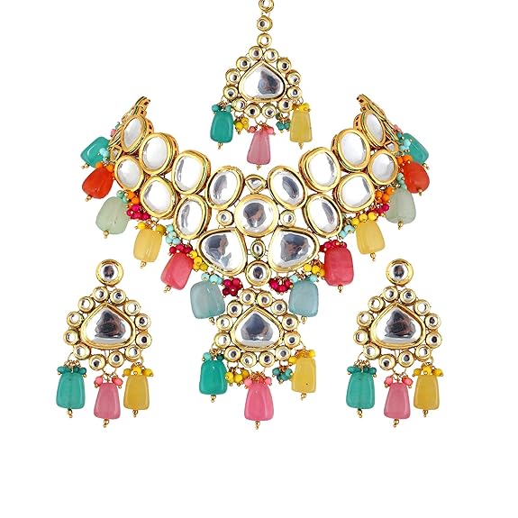 Tehzeeb Creations Back Meenakari Gold-Polished Multicolor Color Tika Earring Jewellery Set Uncut Big Faux Kundan Dibbi Kundan Choker Necklace Set - Distacart