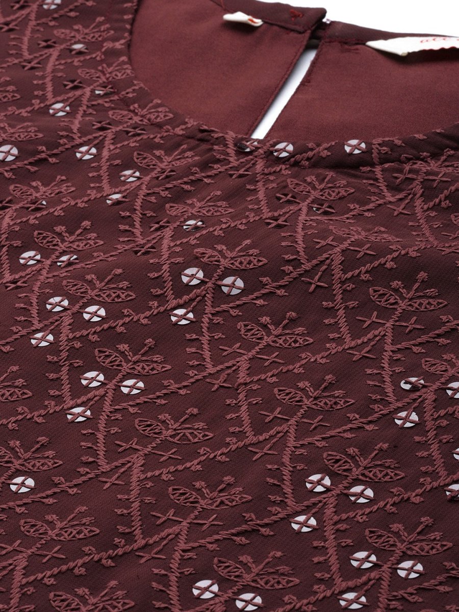 All About You Women Brown Ethnic Motifs Embroidered Regular Chikankari Kurta with Palazzos - Distacart