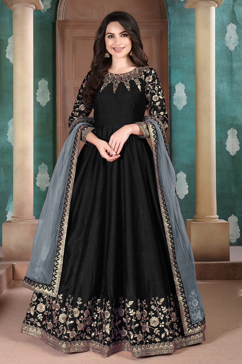 Monjolika Fashion Black Color Silk Embroidered Anarkali Suit