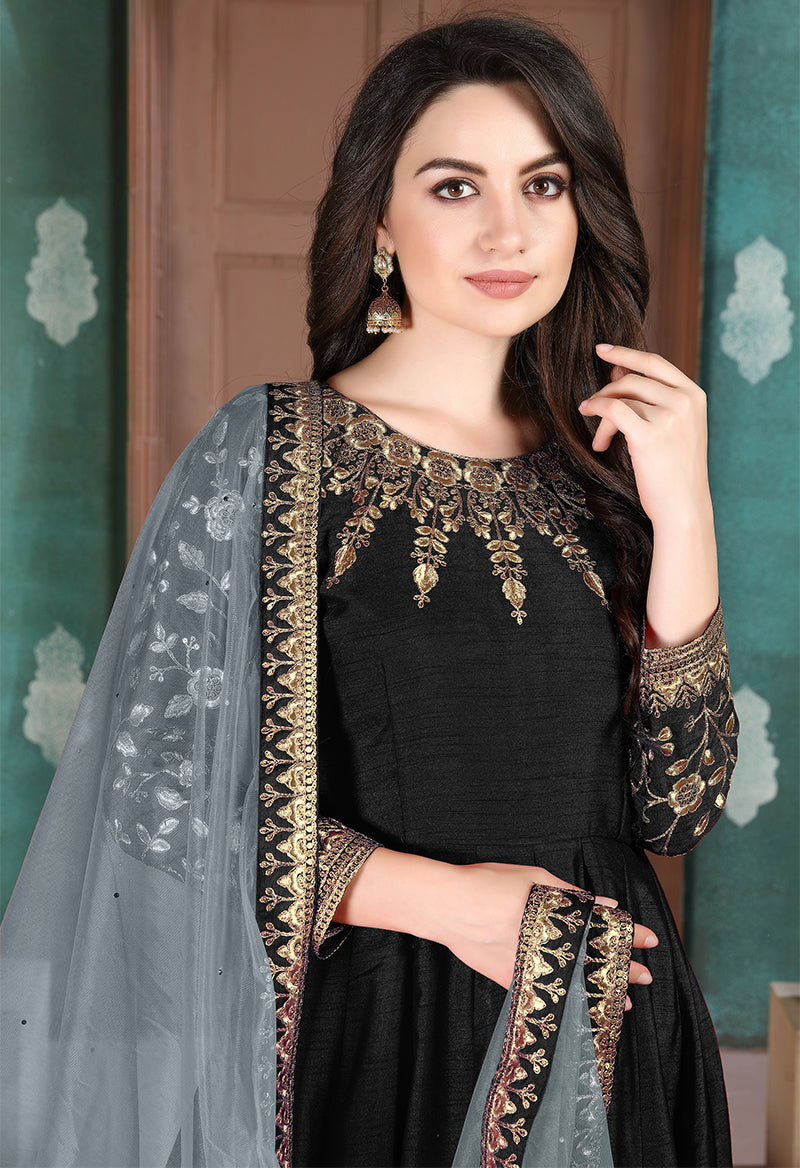 Monjolika Fashion Black Color Silk Embroidered Anarkali Suit
