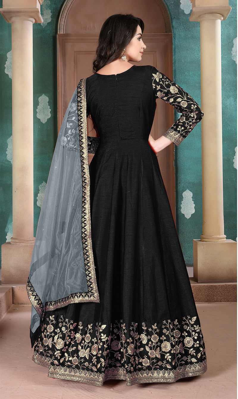 Monjolika Fashion Black Color Silk Embroidered Anarkali Suit