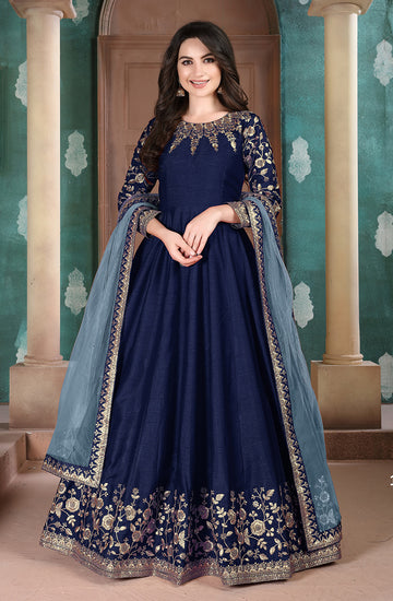 Monjolika Fashion Navy Blue Color Silk Embroidered Anarkali Suit - Distacart