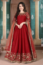 Thumbnail for Monjolika Fashion Red Color Silk Embroidered Anarkali Suit - Distacart