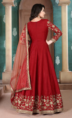Thumbnail for Monjolika Fashion Red Color Silk Embroidered Anarkali Suit - Distacart