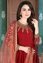 Thumbnail for Monjolika Fashion Red Color Silk Embroidered Anarkali Suit - Distacart