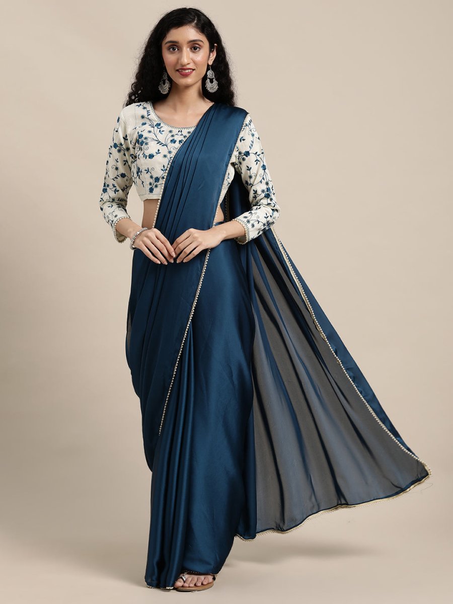 Anouk Navy Blue Sequinned Satin Saree - Distacart