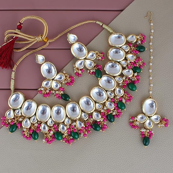 Tehzeeb Creations Back Meenakari Gold-Polished Multi Color Tika Earring Combo Uncut Big Faux Kundan Choker Necklace set - Distacart