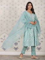 Thumbnail for Ode by House of Pataudi Floral Printed Pure Cotton Kurta With Palozza & Dupatta - Distacart