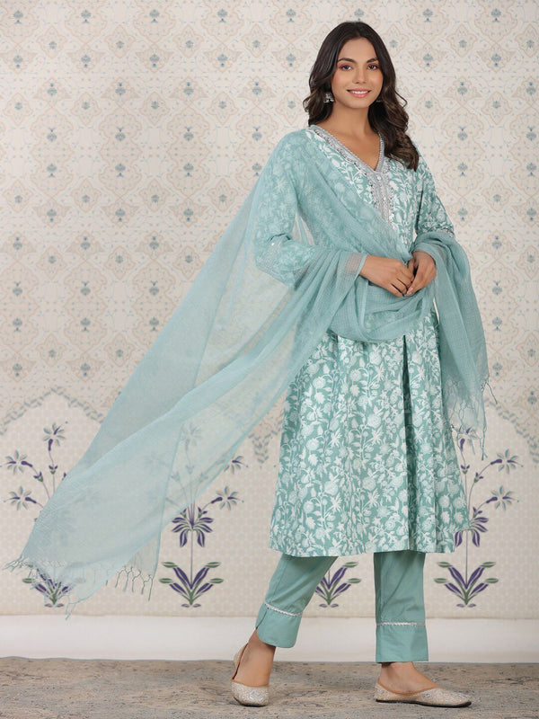 Ode by House of Pataudi Floral Printed Pure Cotton Kurta With Palozza & Dupatta - Distacart