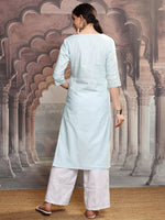 Thumbnail for Vishudh Blue Ethnic Motifs Printed Notch Neck Straight Kurta