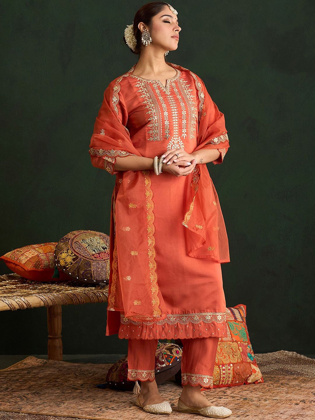 Indo Era Women Ethnic Motifs Embroidered Regular Gotta Patti Kurta with Trousers & With Dupatta