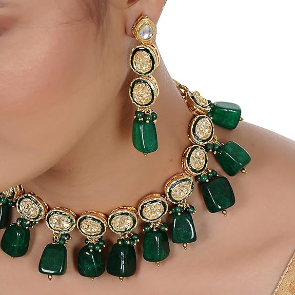 Tehzeeb Creations Back Meenakari Gold-Polished Tika Earring Jewellery Set Uncut Kundan Big Faux Kundan Dibbi Kundan Choker Necklace Set - Distacart