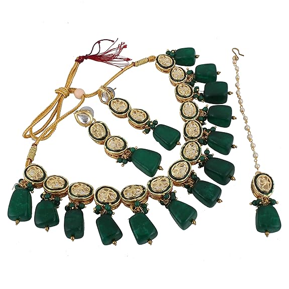 Tehzeeb Creations Back Meenakari Gold-Polished Tika Earring Jewellery Set Uncut Kundan Big Faux Kundan Dibbi Kundan Choker Necklace Set - Distacart