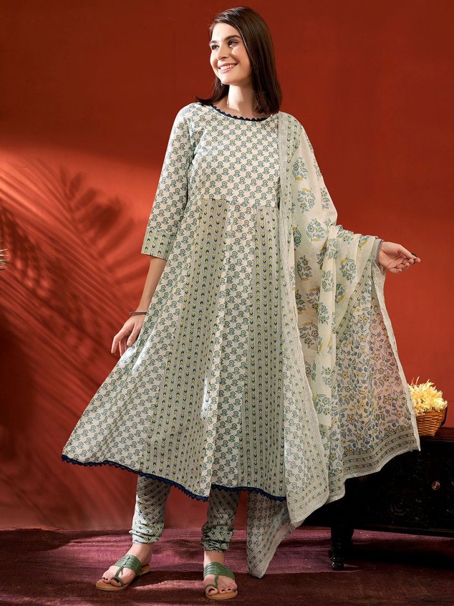 Anouk Women Floral Printed Panelled Pure Cotton Kurta with Churidar & With Dupatta - Distacart