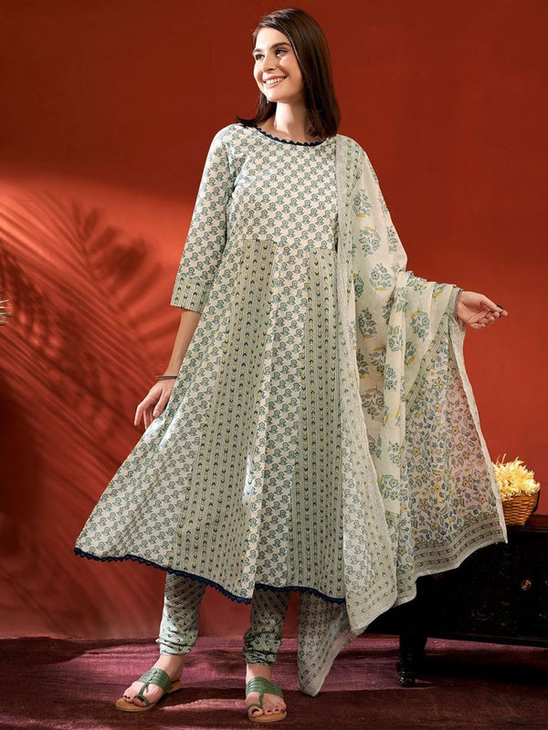 Anouk Women Floral Printed Panelled Pure Cotton Kurta with Churidar & With Dupatta