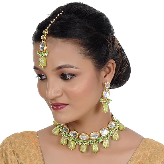 Tehzeeb Creations Back Meenakari Gold-Polished Green Color Tika Earring Jewellery Set Uncut Kundan Big Faux Kundan Dibbi Kundan Choker Necklace Set - Distacart