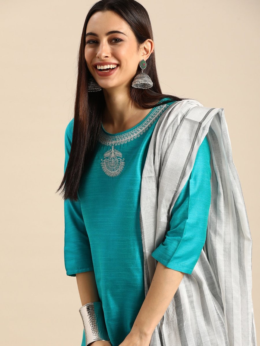 Anouk Women Teal Blue Yoke Design Regular Kurta with Trousers & Dupatta - Distacart