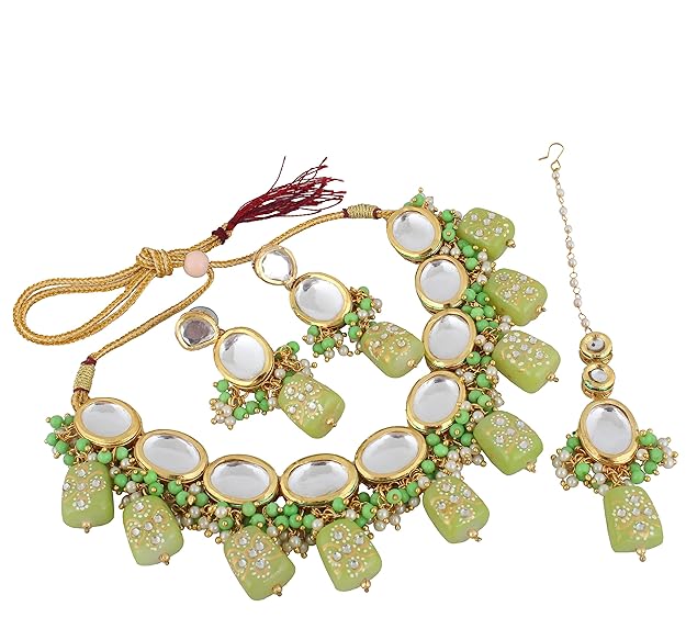 Tehzeeb Creations Back Meenakari Gold-Polished Green Color Tika Earring Jewellery Set Uncut Kundan Big Faux Kundan Dibbi Kundan Choker Necklace Set - Distacart