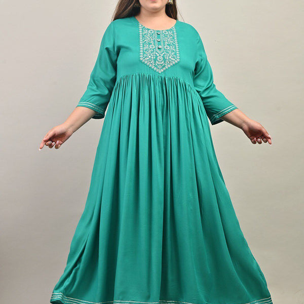 Swasti Plus Size Round Neck Gathered Ethnic Motifs Embroidered Gown Dress - Distacart