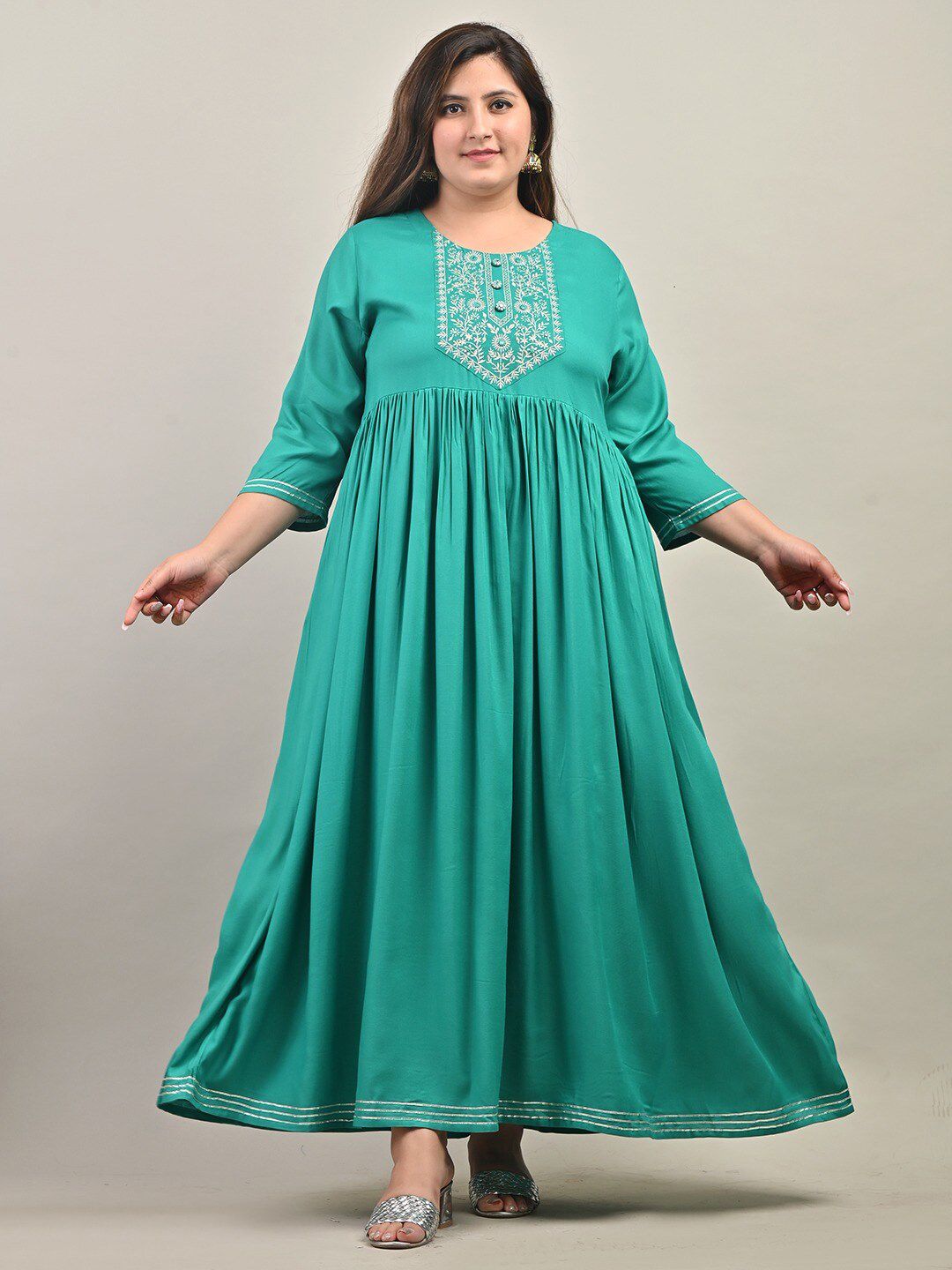 Swasti Plus Size Round Neck Gathered Ethnic Motifs Embroidered Gown Dress - Distacart