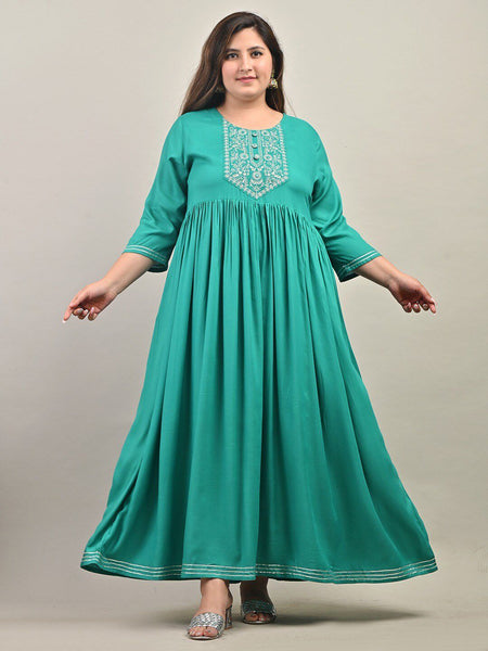 Swasti Plus Size Round Neck Gathered Ethnic Motifs Embroidered Gown Dress