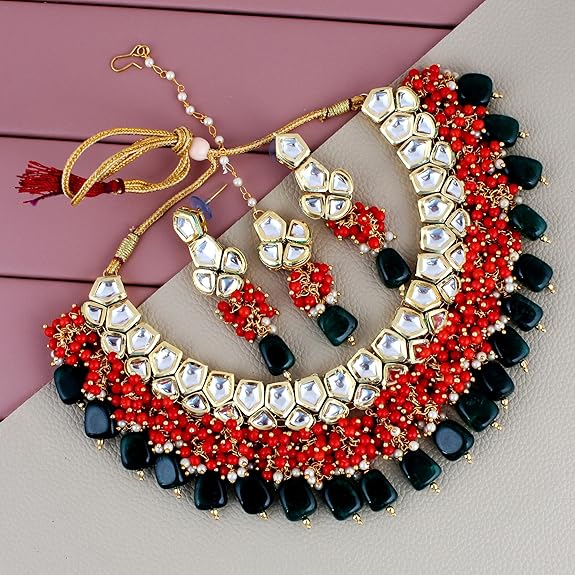 Tehzeeb Creations Meenakari Gold-Polished pentagon shape Uncut Kundan Necklace Set - Distacart