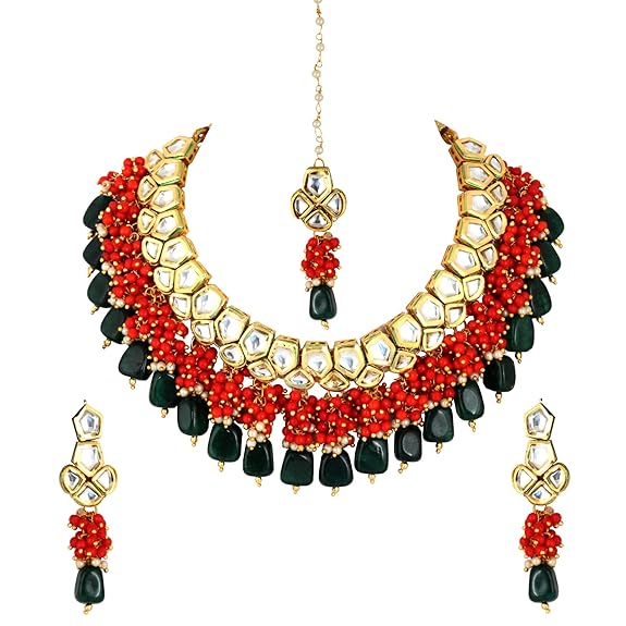 Tehzeeb Creations Meenakari Gold-Polished pentagon shape Uncut Kundan Necklace Set - Distacart