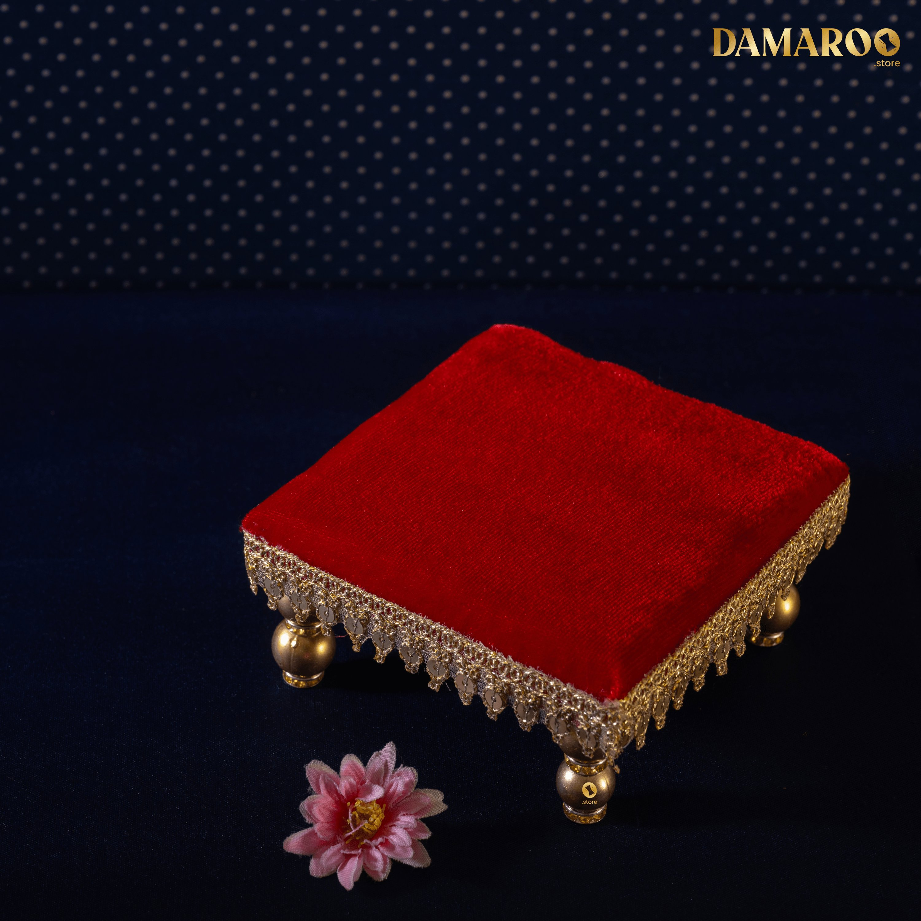 Damaroo 4x4 inch | Sacred Serenity Small Chowki / Bajot for Murti | Velvety Golden Frill - Kumkum Red - Distacart